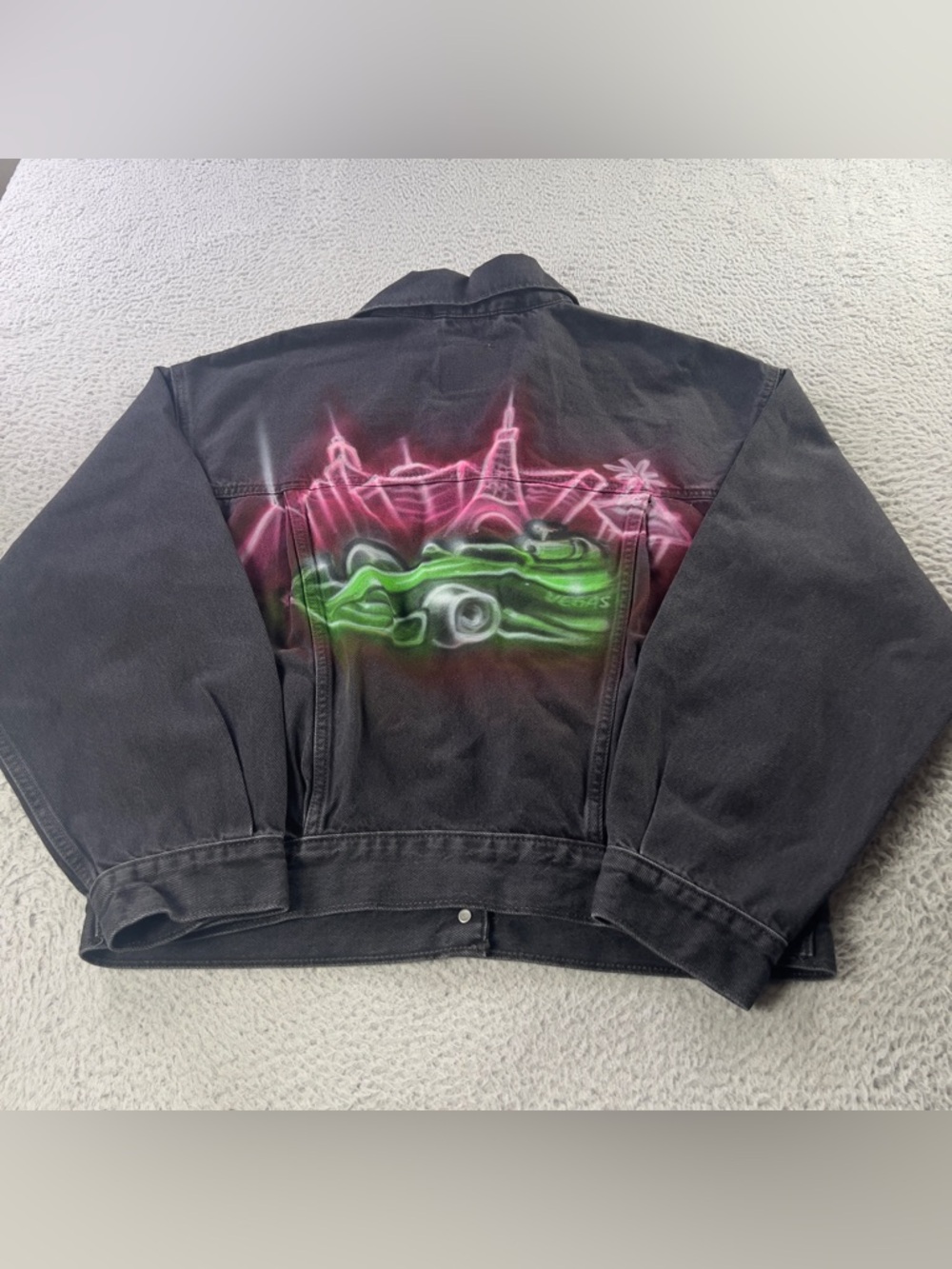 Levis 90s Trucker Denim Jacket Womens Small Black Y2K Vegas Graphic Upcycled